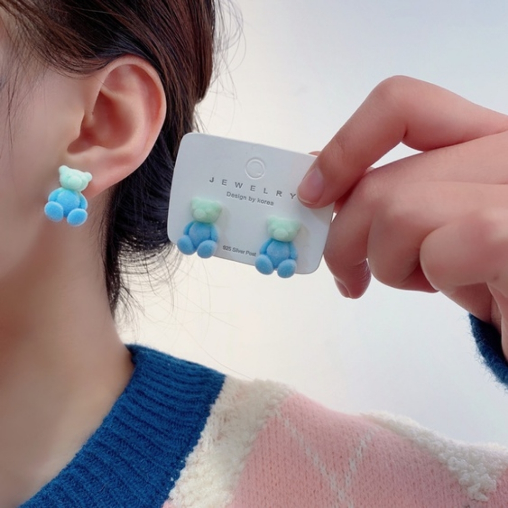 Korean Fashion Fuzzy Blue Teddy Bear Stud Earrings